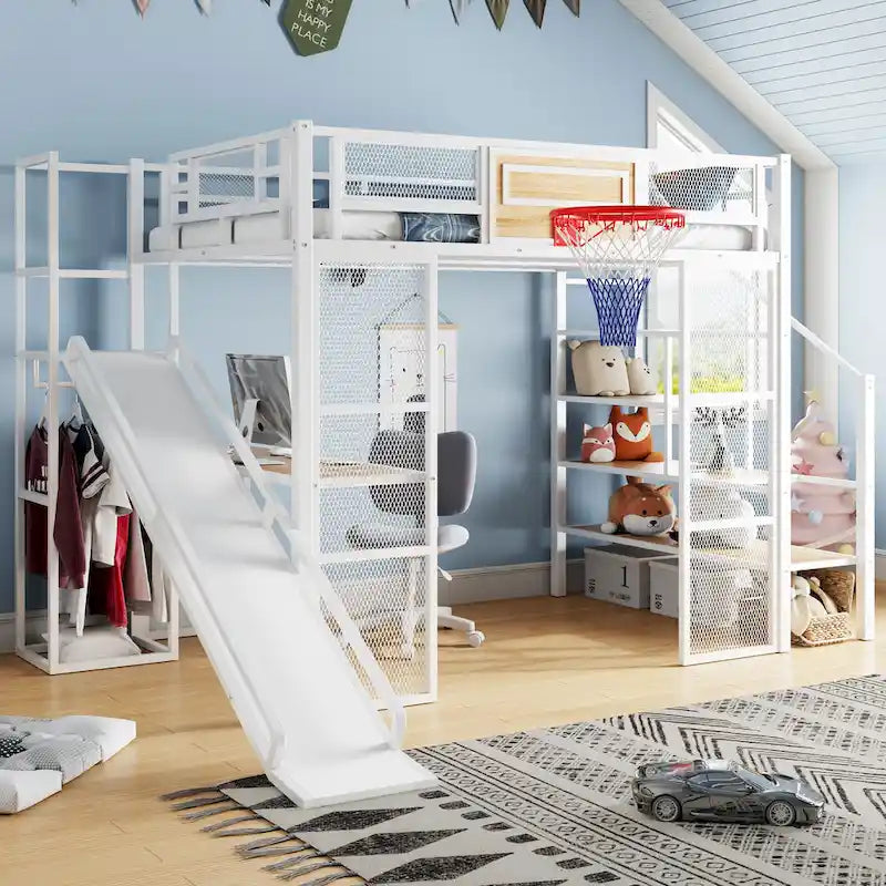 Industrial Full Size Loft Bed with Basketball Hoop, Slide & Stairs, Heavy Duty Metal Loft Bed Frame with Shelf, Desk & Wardrobe