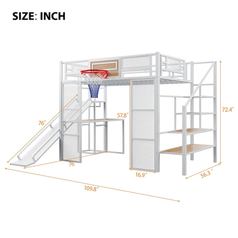 Industrial Full Size Loft Bed with Basketball Hoop, Slide & Stairs, Heavy Duty Metal Loft Bed Frame with Shelf, Desk & Wardrobe