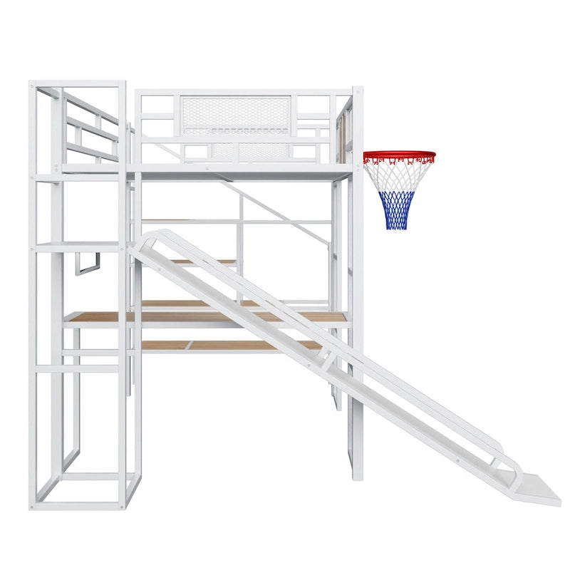 Industrial Full Size Loft Bed with Basketball Hoop, Slide & Stairs, Heavy Duty Metal Loft Bed Frame with Shelf, Desk & Wardrobe