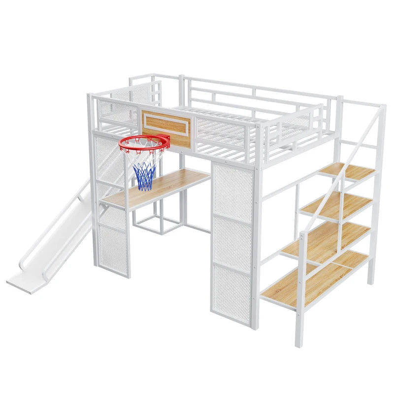 Industrial Full Size Loft Bed with Basketball Hoop, Slide & Stairs, Heavy Duty Metal Loft Bed Frame with Shelf, Desk & Wardrobe