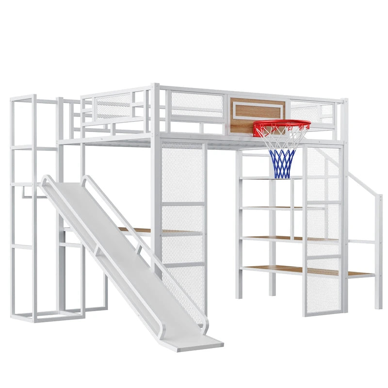 Industrial Full Size Loft Bed with Basketball Hoop, Slide & Stairs, Heavy Duty Metal Loft Bed Frame with Shelf, Desk & Wardrobe
