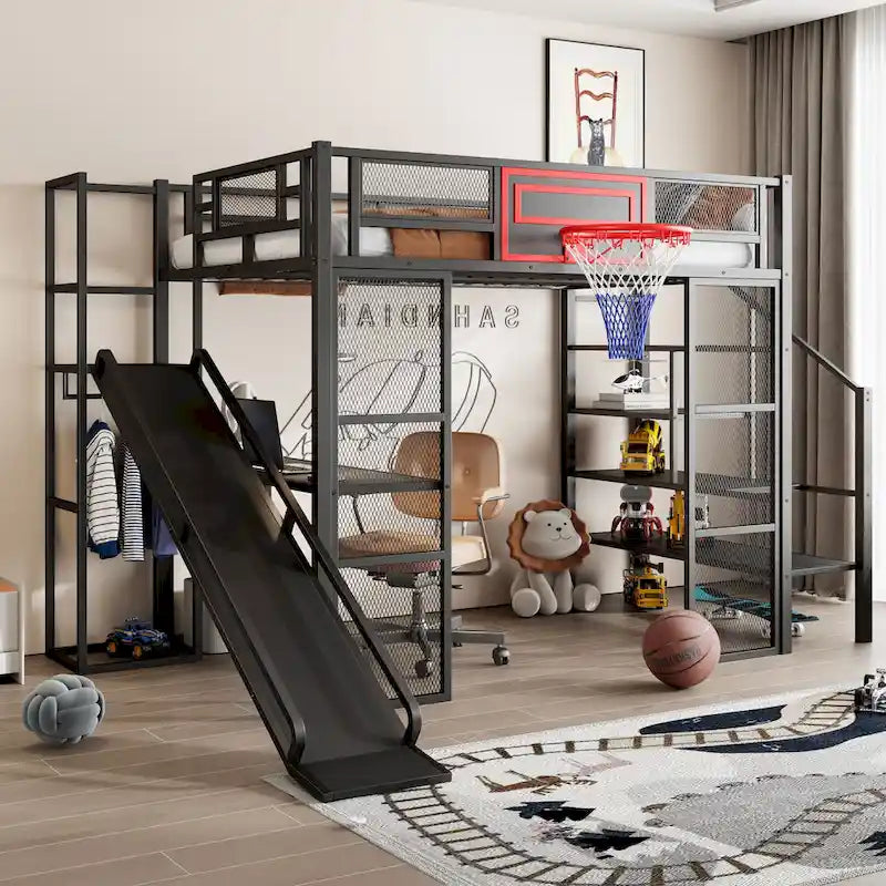 Industrial Full Size Loft Bed with Basketball Hoop, Slide & Stairs, Heavy Duty Metal Loft Bed Frame with Shelf, Desk & Wardrobe
