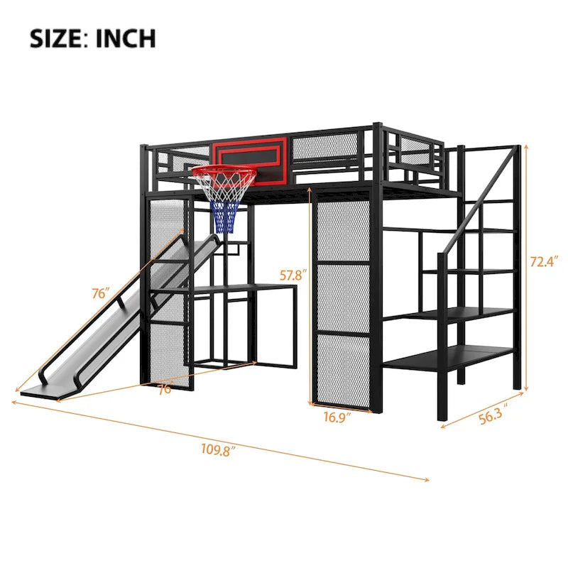 Industrial Full Size Loft Bed with Basketball Hoop, Slide & Stairs, Heavy Duty Metal Loft Bed Frame with Shelf, Desk & Wardrobe