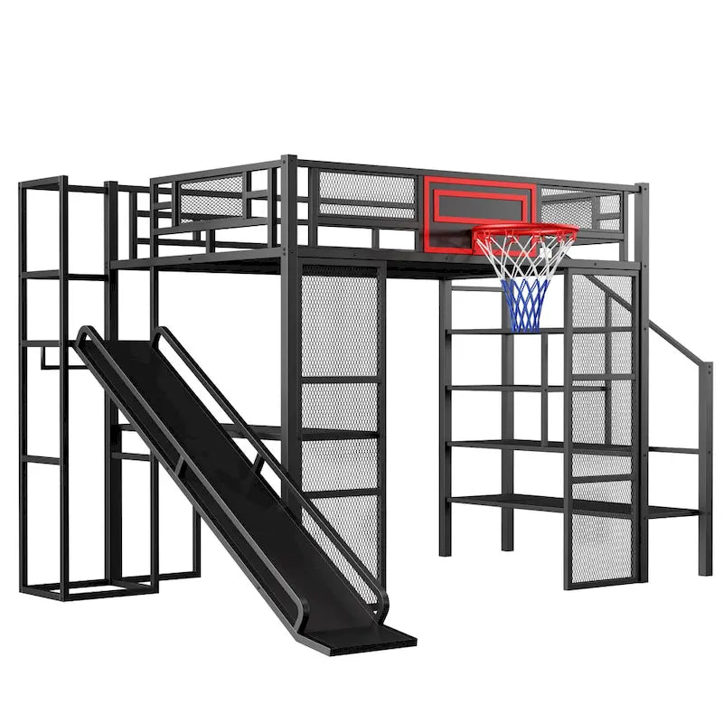 Industrial Full Size Loft Bed with Basketball Hoop, Slide & Stairs, Heavy Duty Metal Loft Bed Frame with Shelf, Desk & Wardrobe