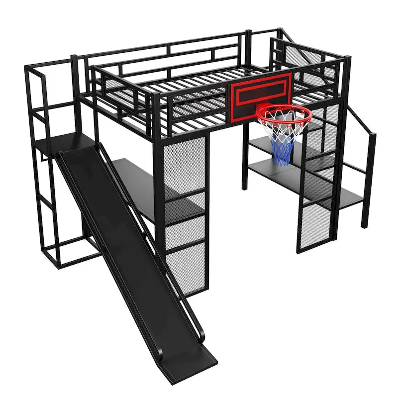 Industrial Full Size Loft Bed with Basketball Hoop, Slide & Stairs, Heavy Duty Metal Loft Bed Frame with Shelf, Desk & Wardrobe