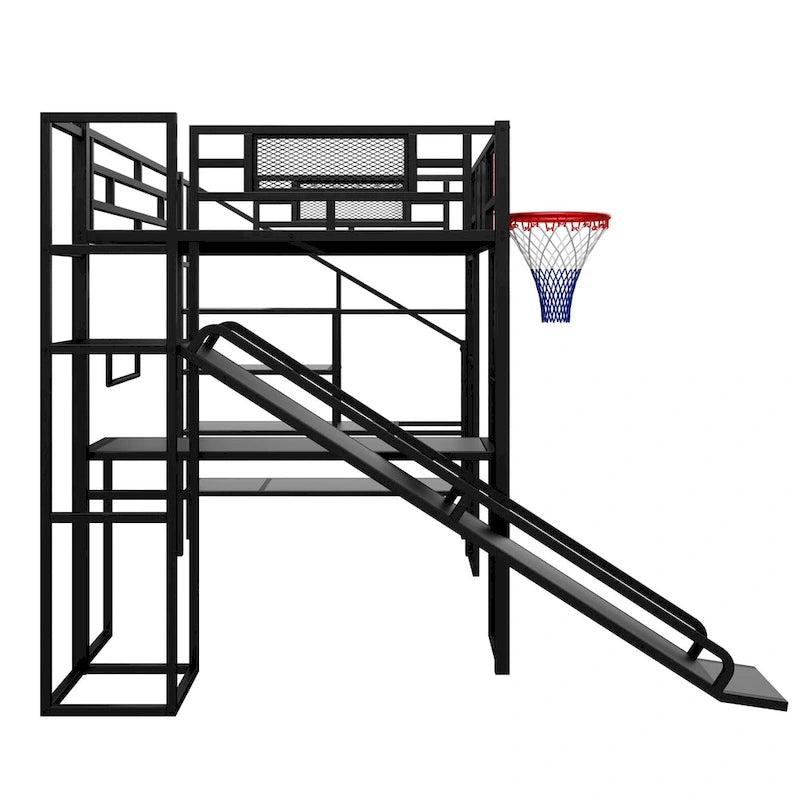Industrial Full Size Loft Bed with Basketball Hoop, Slide & Stairs, Heavy Duty Metal Loft Bed Frame with Shelf, Desk & Wardrobe
