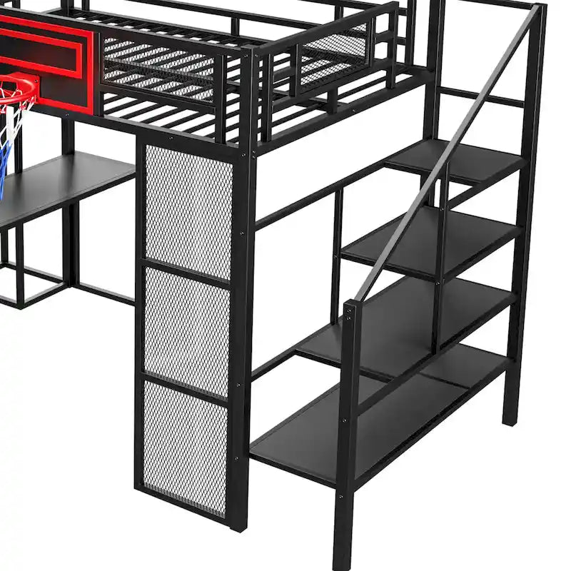 Industrial Full Size Loft Bed with Basketball Hoop, Slide & Stairs, Heavy Duty Metal Loft Bed Frame with Shelf, Desk & Wardrobe