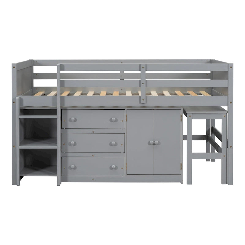 Twin Size Low Loft Bed with Pull Out Desk,Drawers,Cabinet and Shelves