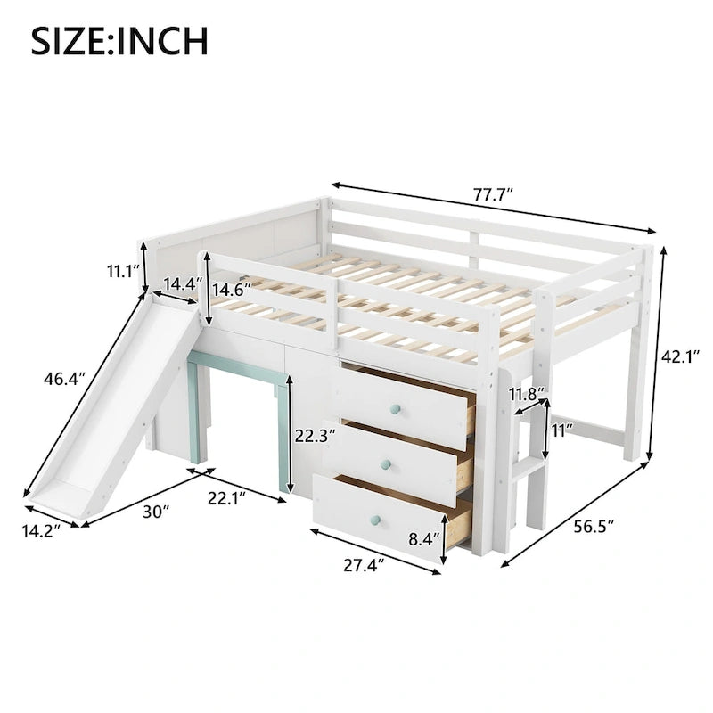 Full Size Low Loft Bed with Built-in Slide, Solid Wood Bed Frame with 3 Storage Drawers & 2 Doors for Kids Boys Girls Bedroom