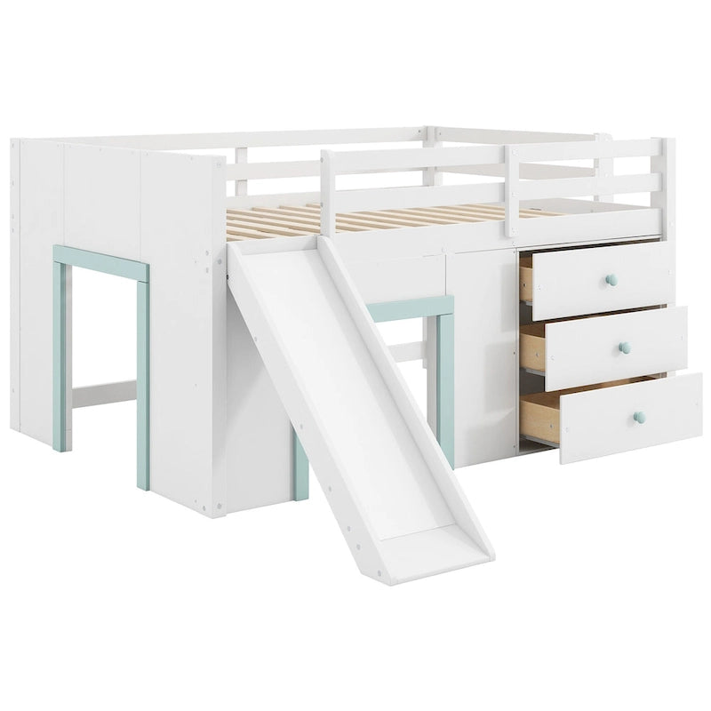 Full Size Low Loft Bed with Built-in Slide, Solid Wood Bed Frame with 3 Storage Drawers & 2 Doors for Kids Boys Girls Bedroom