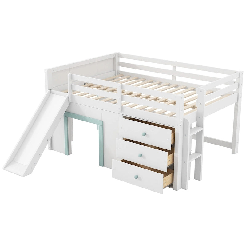Full Size Low Loft Bed with Built-in Slide, Solid Wood Bed Frame with 3 Storage Drawers & 2 Doors for Kids Boys Girls Bedroom