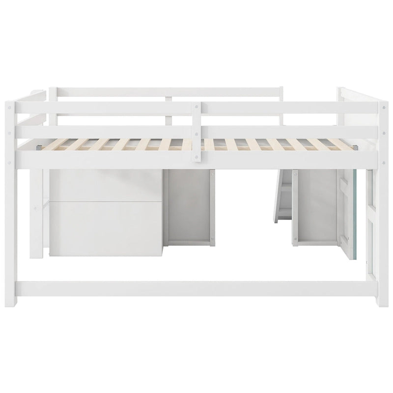 Full Size Low Loft Bed with Built-in Slide, Solid Wood Bed Frame with 3 Storage Drawers & 2 Doors for Kids Boys Girls Bedroom