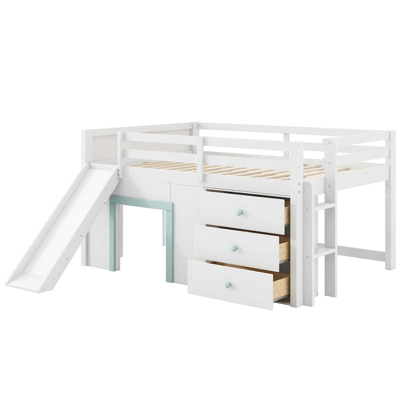 Full Size Low Loft Bed with Built-in Slide, Solid Wood Bed Frame with 3 Storage Drawers & 2 Doors for Kids Boys Girls Bedroom