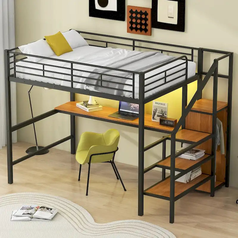 Black Metal Loft Bed with Built-in Desk Wardrobe Storage Staircase and LED Lights