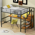 Black Metal Loft Bed with Built-in Desk Wardrobe Storage Staircase and LED Lights