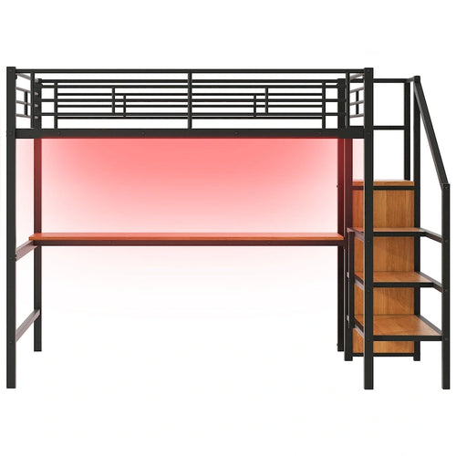 Full Size Metal Loft Bed with Desk & Small Wardrobe, Space-Saving LED Loft Bed Heavy Duty Bed Frame with Storage Staircase