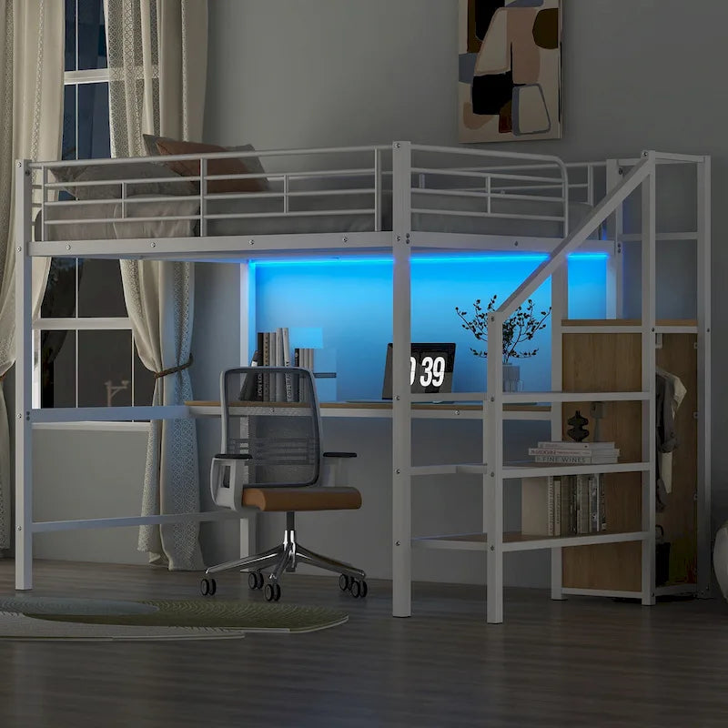 Black Metal Loft Bed with Built-in Desk Wardrobe Storage Staircase and LED Lights