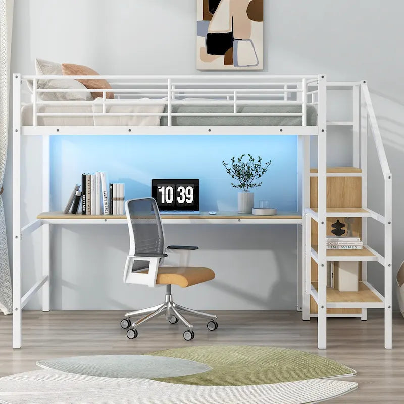Black Metal Loft Bed with Built-in Desk Wardrobe Storage Staircase and LED Lights
