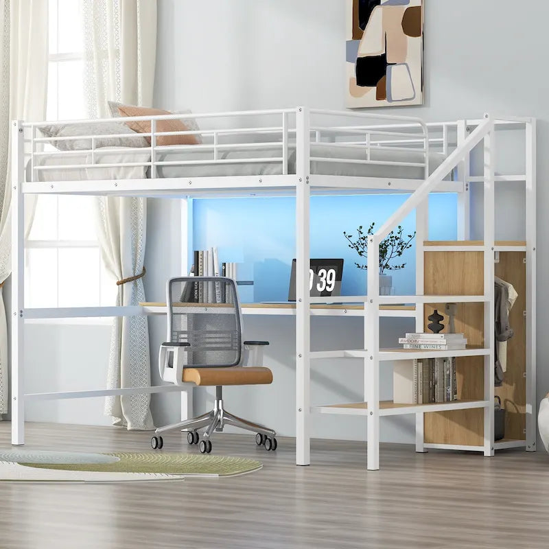 Black Metal Loft Bed with Built-in Desk Wardrobe Storage Staircase and LED Lights