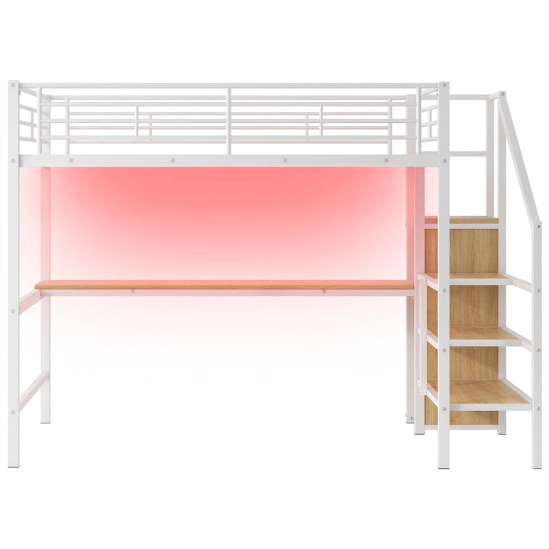 Black Metal Loft Bed with Built-in Desk Wardrobe Storage Staircase and LED Lights