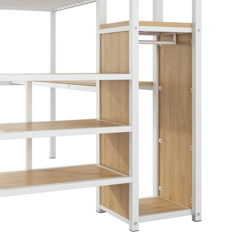 Black Metal Loft Bed with Built-in Desk Wardrobe Storage Staircase and LED Lights