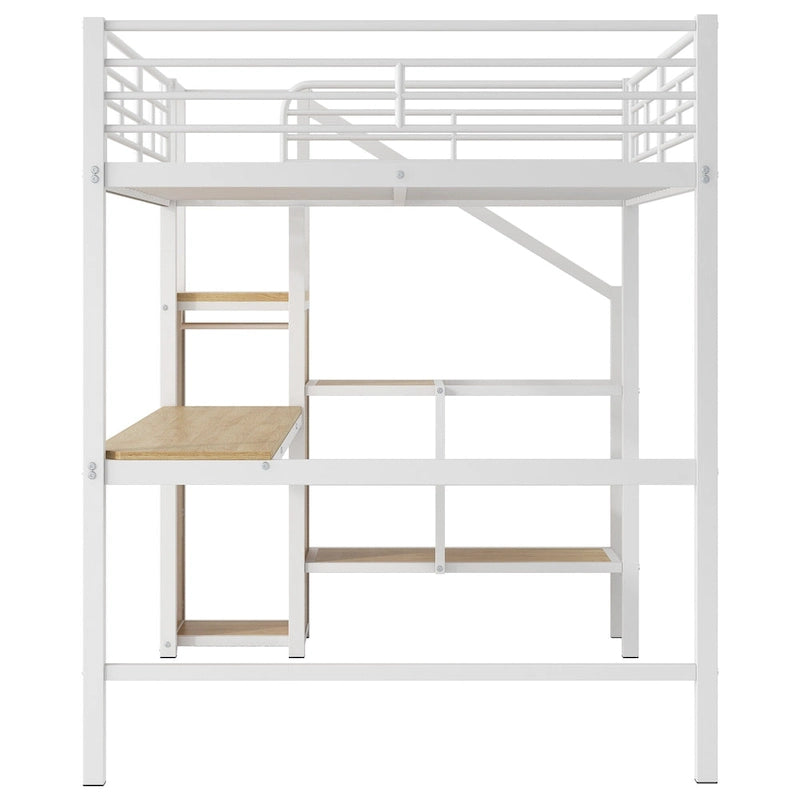 Black Metal Loft Bed with Built-in Desk Wardrobe Storage Staircase and LED Lights