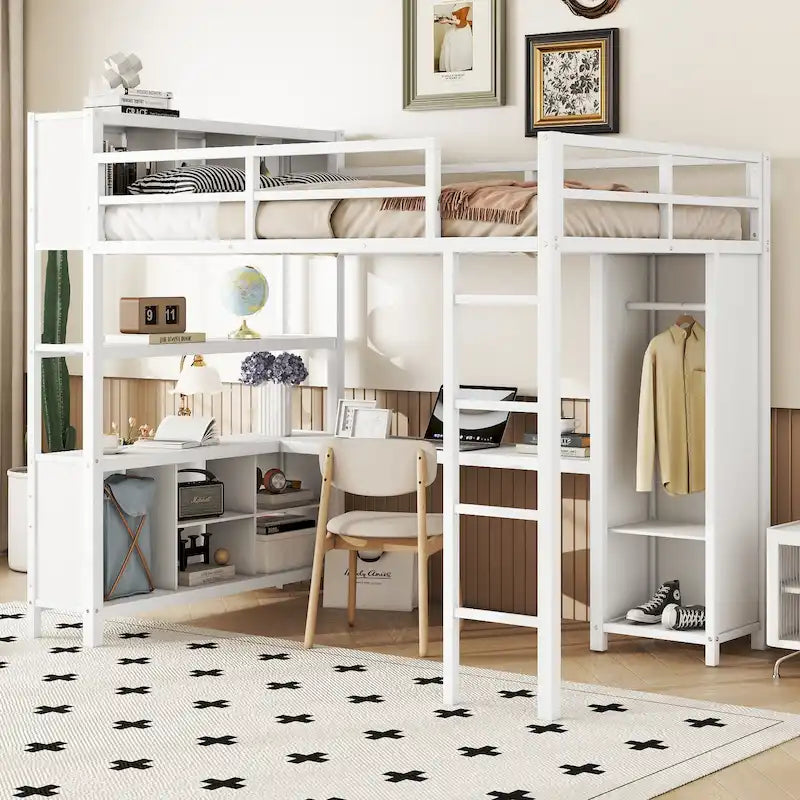 Full Size Metal Loft Bed with Wardrobe, L-Shaped Desk, Storage Cubes, Off White & Black