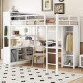 Full Size Metal Loft Bed with Wardrobe, L-Shaped Desk, Storage Cubes, Off White & Black