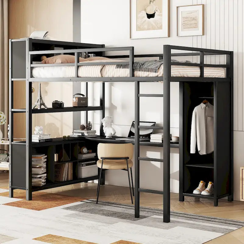 Full Size Metal Loft Bed with Wardrobe, L-Shaped Desk, Storage Cubes, Off White & Black