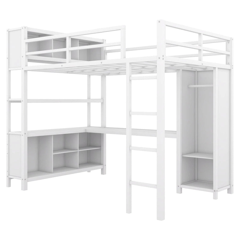 Full Size Metal Loft Bed with Wardrobe, L-Shaped Desk, Storage Cubes, Off White & Black