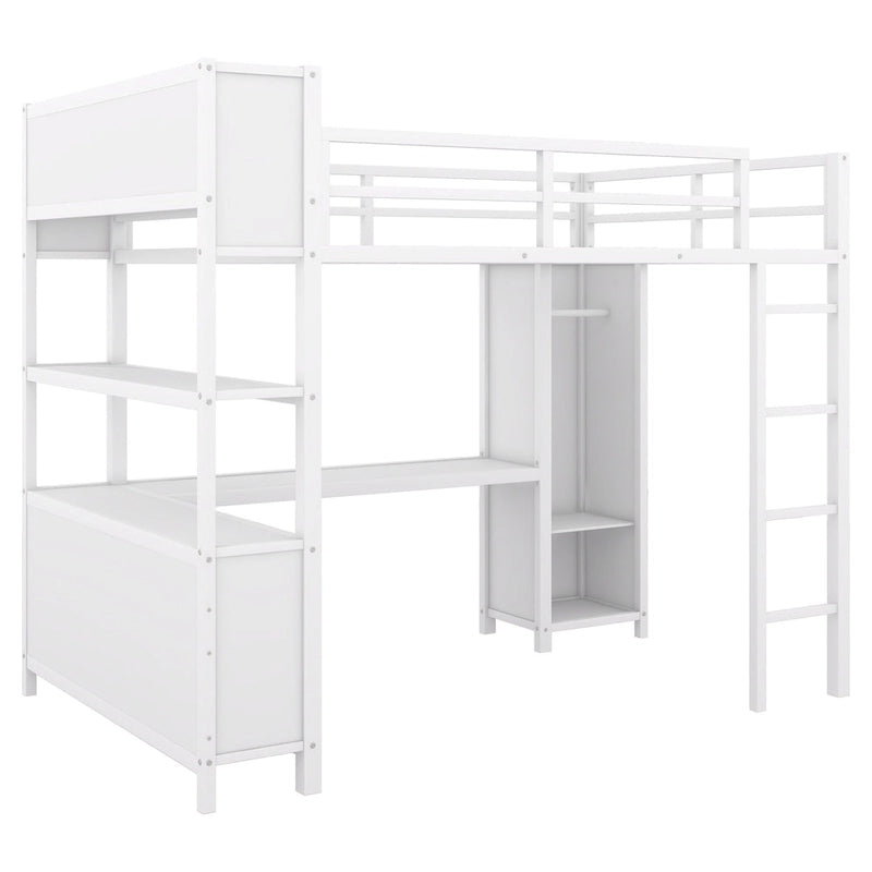 Full Size Metal Loft Bed with Wardrobe, L-Shaped Desk, Storage Cubes, Off White & Black