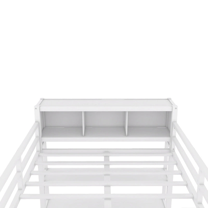Full Size Metal Loft Bed with Wardrobe, L-Shaped Desk, Storage Cubes, Off White & Black