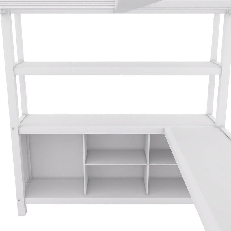 Full Size Metal Loft Bed with Wardrobe, L-Shaped Desk, Storage Cubes, Off White & Black