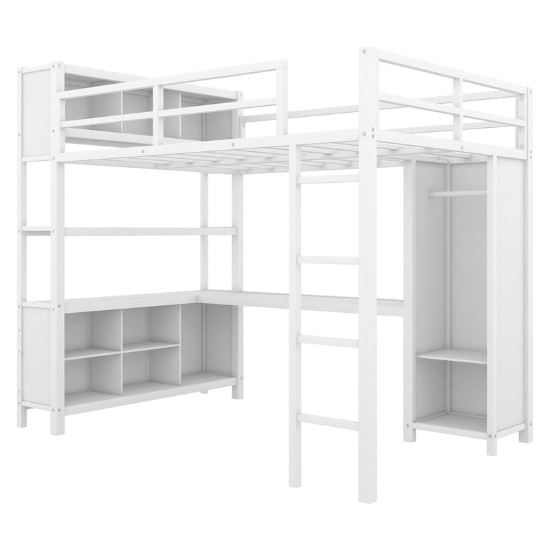 Full Size Metal Loft Bed with Wardrobe, L-Shaped Desk, Storage Cubes, Off White & Black