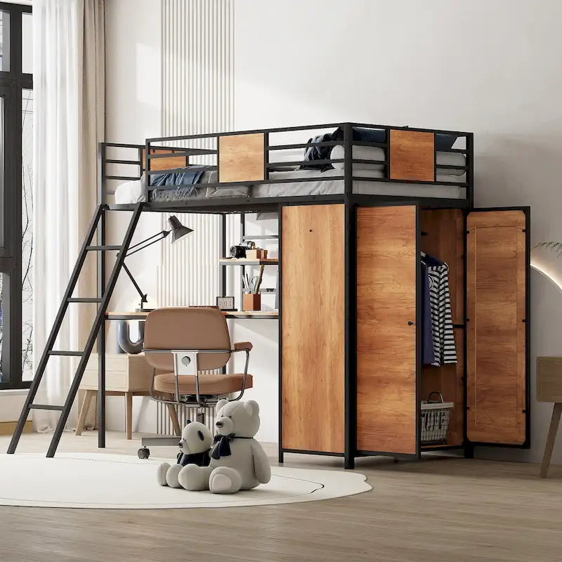 Metal Wood Loft Bed with L-Shape Desk, Wardrobe, Safety Rails and Ladder, Black/White