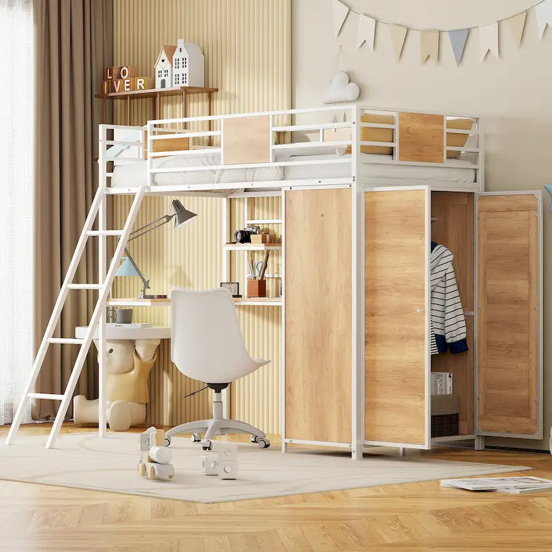 Metal Wood Loft Bed with L-Shape Desk, Wardrobe, Safety Rails and Ladder, Black/White