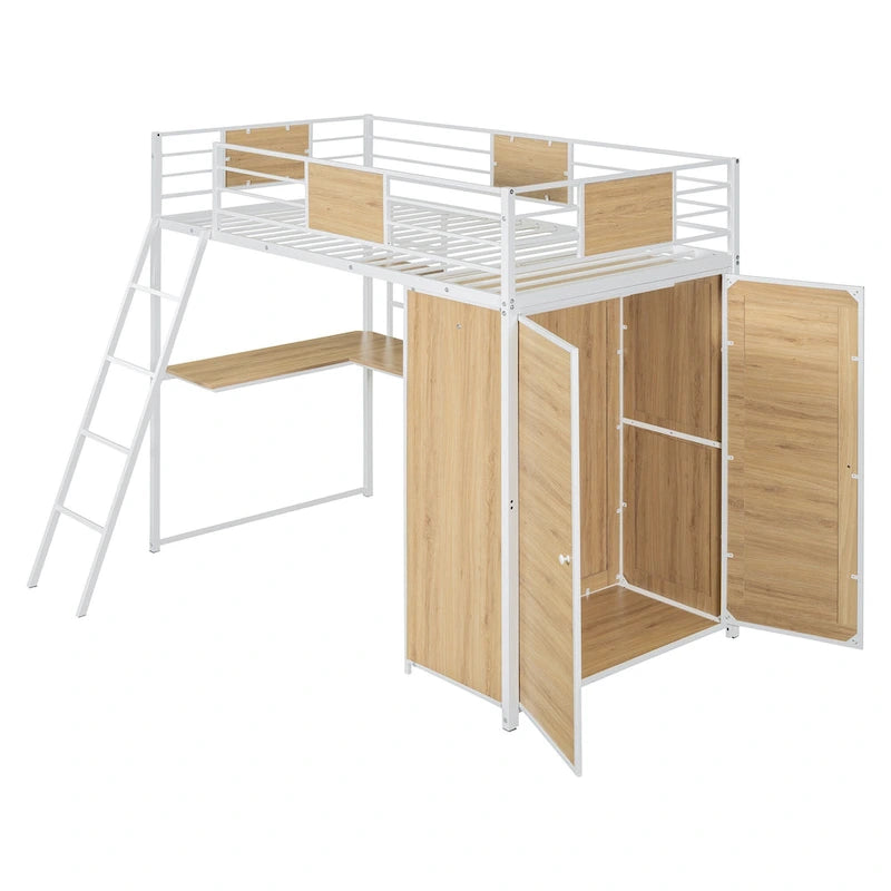 Metal Wood Loft Bed with L-Shape Desk, Wardrobe, Safety Rails and Ladder, Black/White