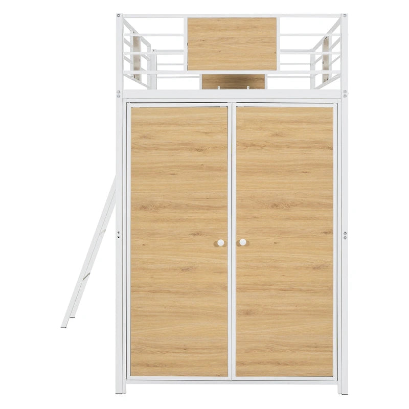 Metal Wood Loft Bed with L-Shape Desk, Wardrobe, Safety Rails and Ladder, Black/White