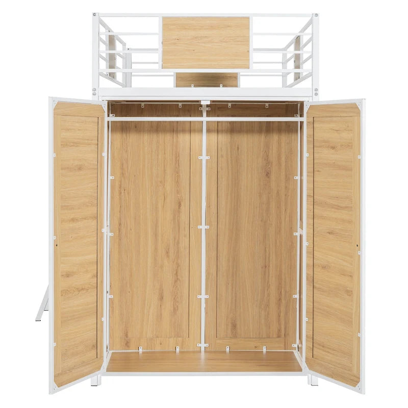 Metal Wood Loft Bed with L-Shape Desk, Wardrobe, Safety Rails and Ladder, Black/White