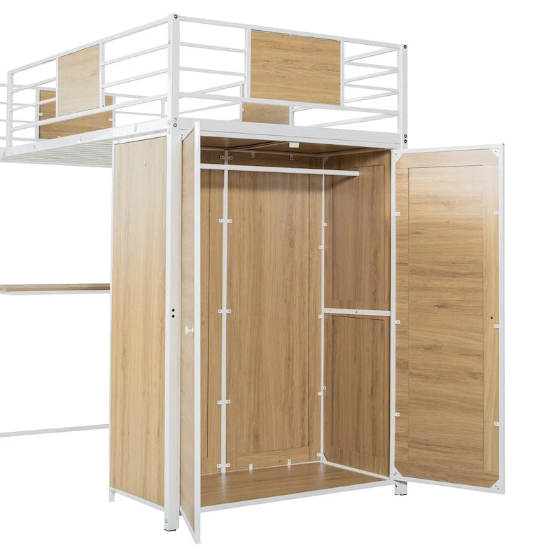 Metal Wood Loft Bed with L-Shape Desk, Wardrobe, Safety Rails and Ladder, Black/White