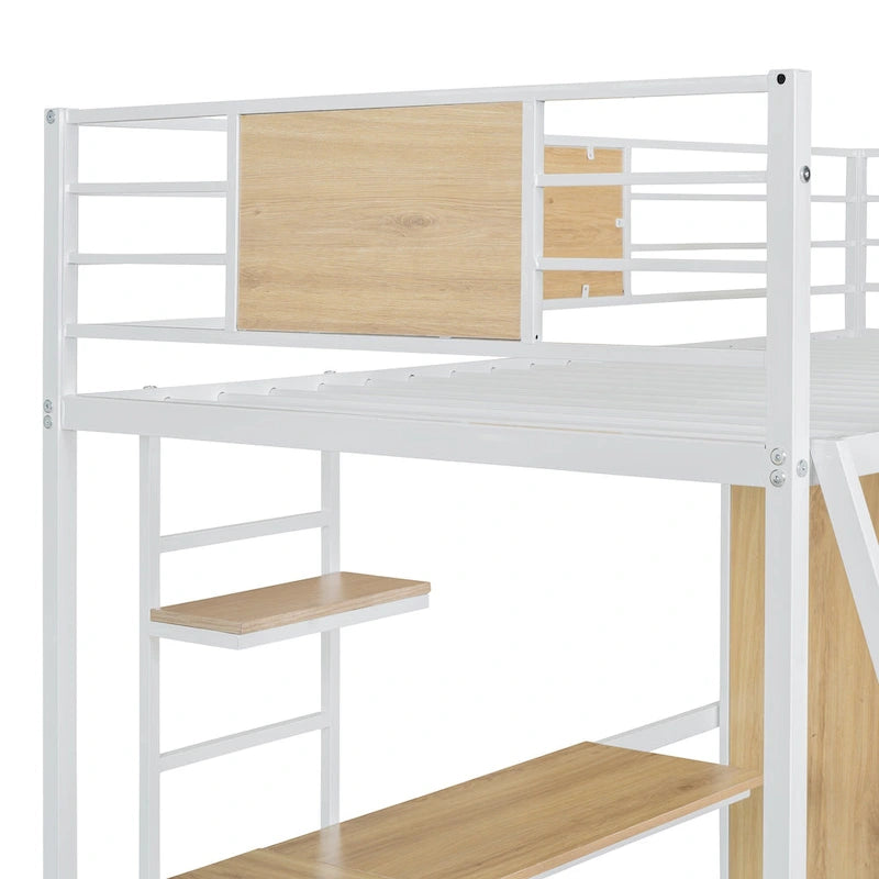 Metal Wood Loft Bed with L-Shape Desk, Wardrobe, Safety Rails and Ladder, Black/White