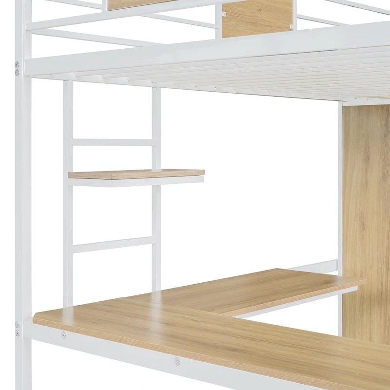 Metal Wood Loft Bed with L-Shape Desk, Wardrobe, Safety Rails and Ladder, Black/White