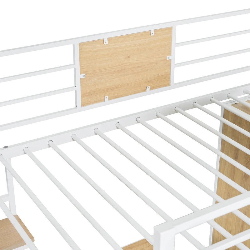 Metal Wood Loft Bed with L-Shape Desk, Wardrobe, Safety Rails and Ladder, Black/White
