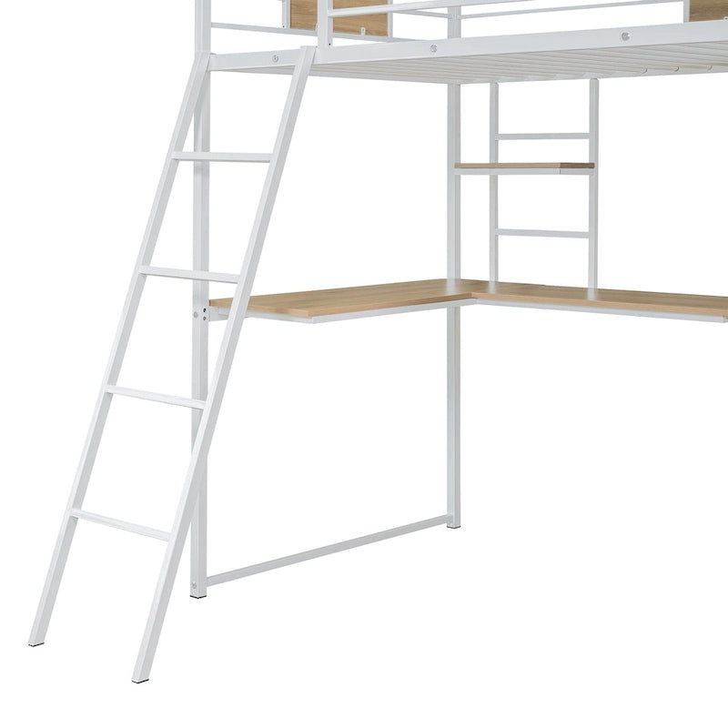 Metal Wood Loft Bed with L-Shape Desk, Wardrobe, Safety Rails and Ladder, Black/White