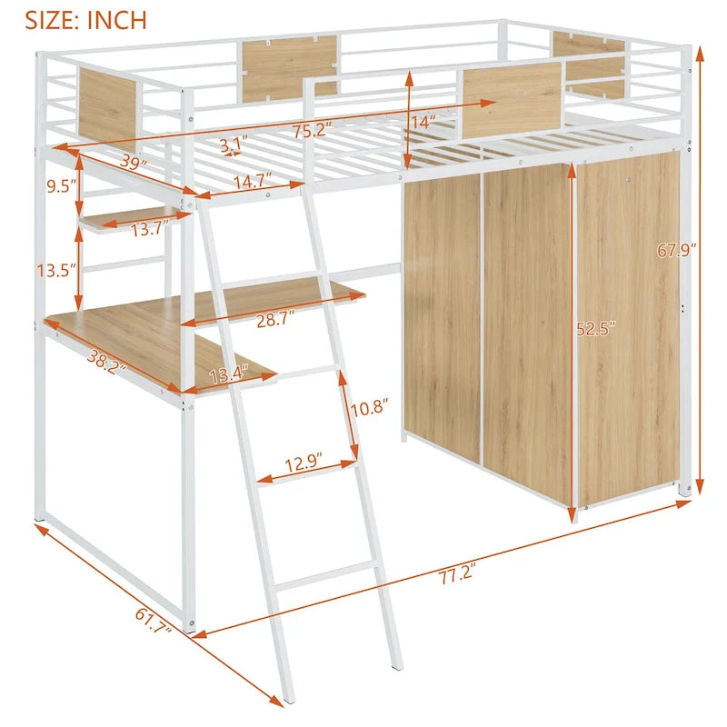 Metal Wood Loft Bed with L-Shape Desk, Wardrobe, Safety Rails and Ladder, Black/White