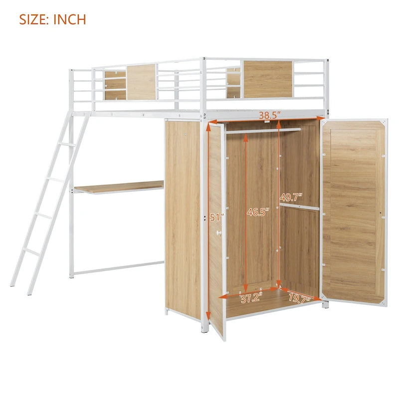 Metal Wood Loft Bed with L-Shape Desk, Wardrobe, Safety Rails and Ladder, Black/White