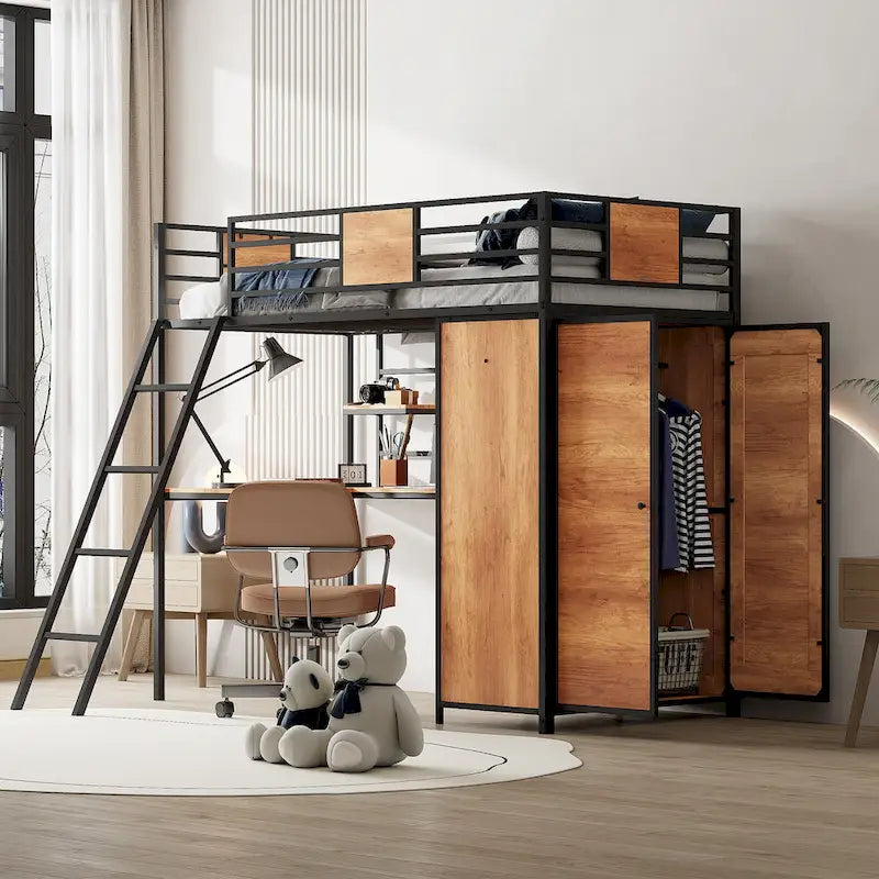 Metal Wood Loft Bed with L-Shape Desk, Wardrobe, Safety Rails and Ladder, Black/White