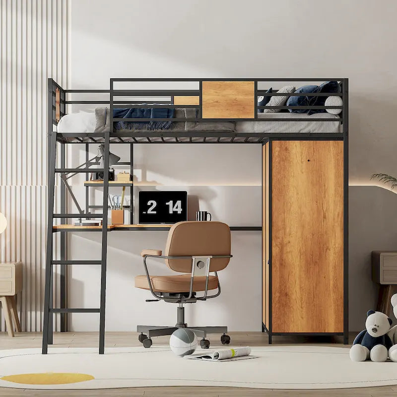 Metal Wood Loft Bed with L-Shape Desk, Wardrobe, Safety Rails and Ladder, Black/White