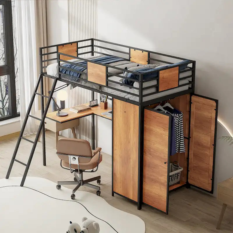 Metal Wood Loft Bed with L-Shape Desk, Wardrobe, Safety Rails and Ladder, Black/White