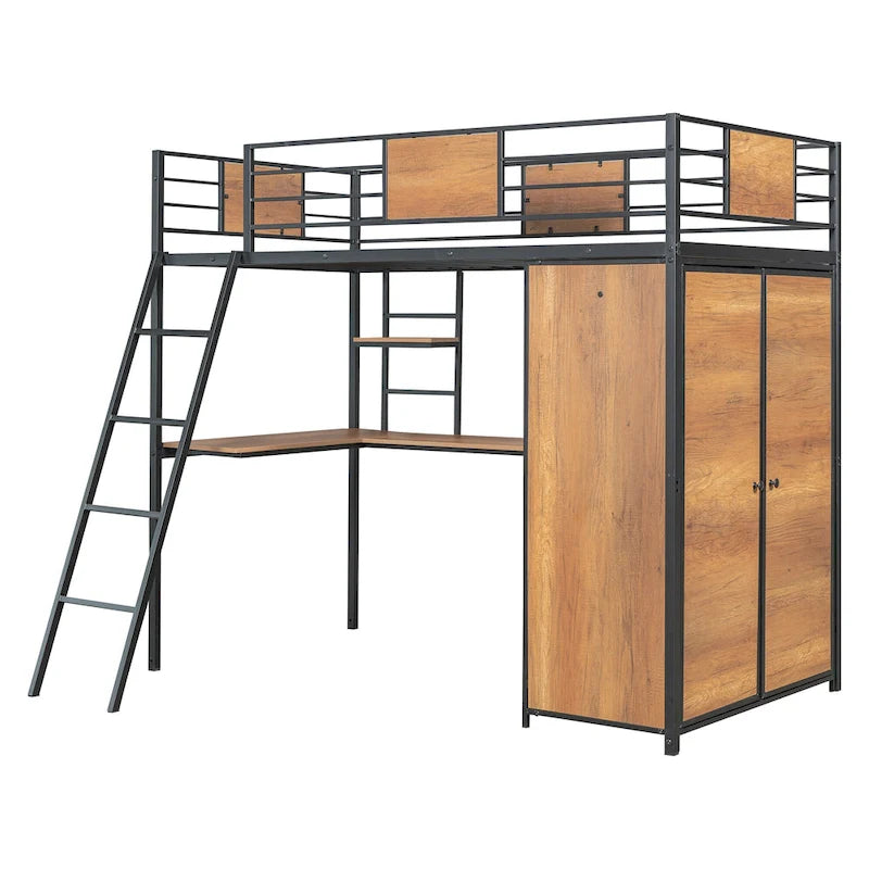 Metal Wood Loft Bed with L-Shape Desk, Wardrobe, Safety Rails and Ladder, Black/White